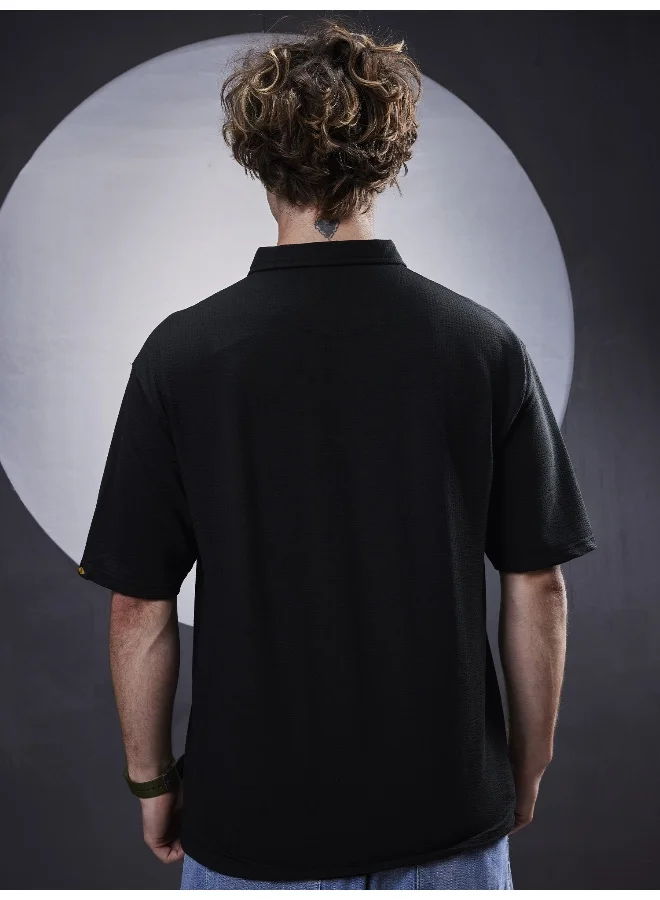 Maniac Maniac Mens Textured Polo Neck 3/4th Sleeve Black SeerSucker Fabric T-Shirt