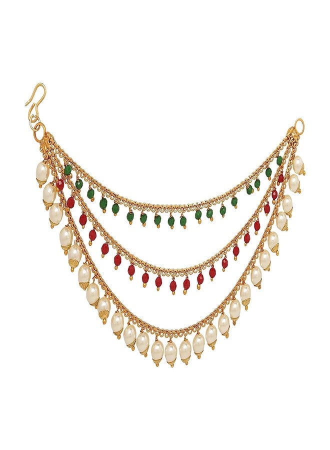 KENNICE Gold-Plated Long Hair Red Green Bahubali Golden Pearl Ear Chain Earrings Jewellery For Girls & Women - Image 3