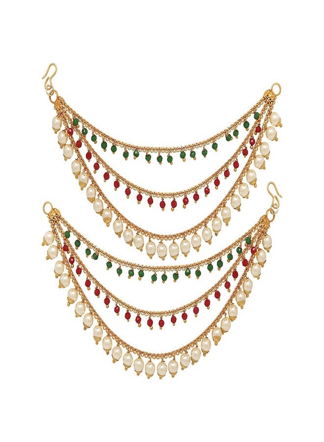 KENNICE Gold-Plated Long Hair Red Green Bahubali Golden Pearl Ear Chain Earrings Jewellery For Girls & Women - Image 1