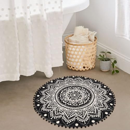 Uphome Small Round Rug 2.3’ Black Mandala Boho Bathroom Rugs with Pom Poms Fringe Washable Circle Shower Mat Soft Non-Slip Cute Circular Throw Rug for Sink Powder Room Bedroom Kids Room Nursery - Image 5