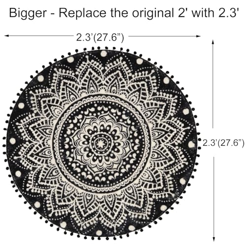 Uphome Small Round Rug 2.3’ Black Mandala Boho Bathroom Rugs with Pom Poms Fringe Washable Circle Shower Mat Soft Non-Slip Cute Circular Throw Rug for Sink Powder Room Bedroom Kids Room Nursery - Image 4