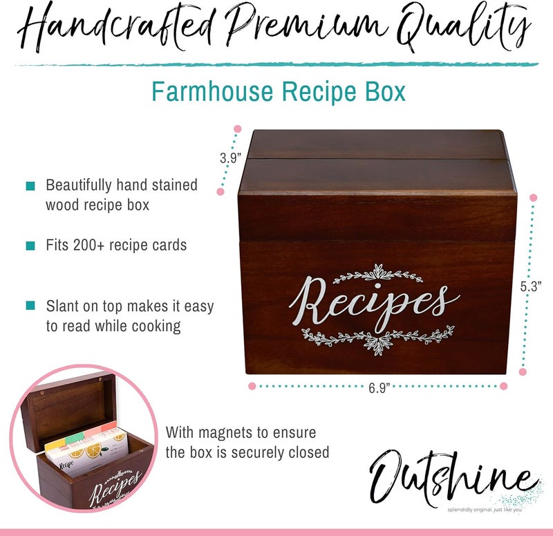 Outshine Wooden Recipe Box - 4x6 Recipe Card Box - Vintage Recipe Holder for Kitchen Organization - Cute Storage Box to Write in Your Own Recipes - Image 3