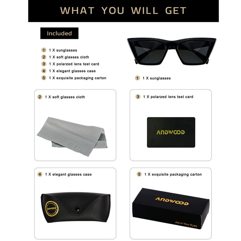 ANDWOOD Cat Eye Sunglasses for Women Polarized Cateye Frames Fashion Vintage Square Classic Retro Sun Glasses - Image 5