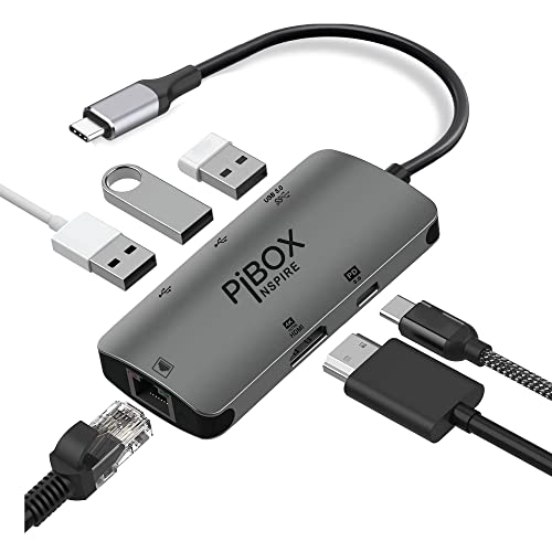 pibox India محور USB C - PiBOX India 6 في 1 محول من نوع C من الألمنيوم مع دعم HDCP منفذ HDMI 4K، منفذ إيثرنت 100mbps RJ45، منفذ USB 3.0، توصيل طاقة USB-C، للأجهزة التي تعمل بتقنية Thunderbolt - Image 1