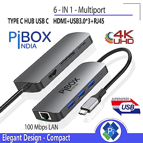 pibox India محور USB C - PiBOX India 6 في 1 محول من نوع C من الألمنيوم مع دعم HDCP منفذ HDMI 4K، منفذ إيثرنت 100mbps RJ45، منفذ USB 3.0، توصيل طاقة USB-C، للأجهزة التي تعمل بتقنية Thunderbolt - Image 3