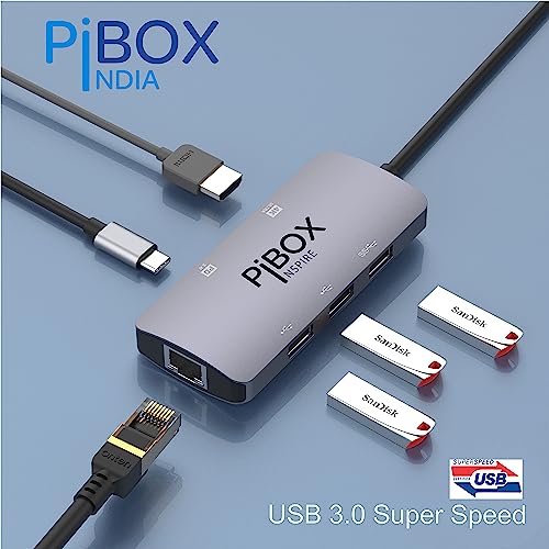 pibox India محور USB C - PiBOX India 6 في 1 محول من نوع C من الألمنيوم مع دعم HDCP منفذ HDMI 4K، منفذ إيثرنت 100mbps RJ45، منفذ USB 3.0، توصيل طاقة USB-C، للأجهزة التي تعمل بتقنية Thunderbolt - Image 4