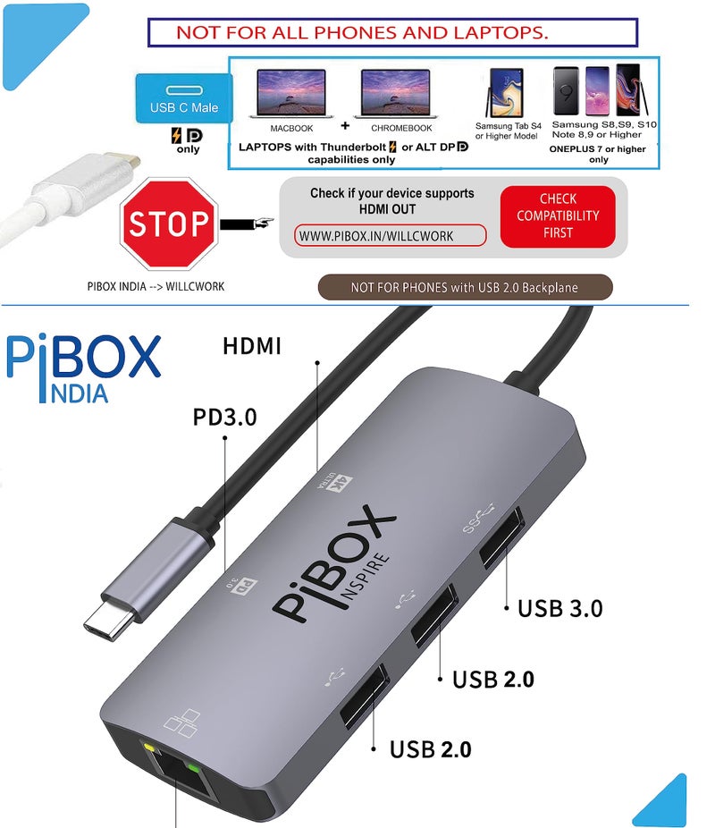 pibox India محور USB C - PiBOX India 6 في 1 محول من نوع C من الألمنيوم مع دعم HDCP منفذ HDMI 4K، منفذ إيثرنت 100mbps RJ45، منفذ USB 3.0، توصيل طاقة USB-C، للأجهزة التي تعمل بتقنية Thunderbolt - Image 2