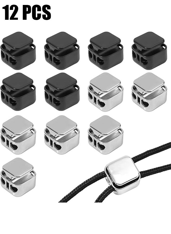 Ba Love 12 Pcs Heavy Duty Cord Locks, Double Hole Metal Press Cord Locks Pull Cord Stop Fastener Drawstring Stopper Draw String Clip for Lanyard Paracord Pants Shoelaces Drawstrings (Black, Silver) - Image 1
