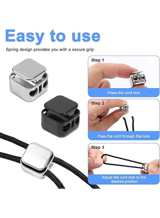 Ba Love 12 Pcs Heavy Duty Cord Locks, Double Hole Metal Press Cord Locks Pull Cord Stop Fastener Drawstring Stopper Draw String Clip for Lanyard Paracord Pants Shoelaces Drawstrings (Black, Silver) - Image 5