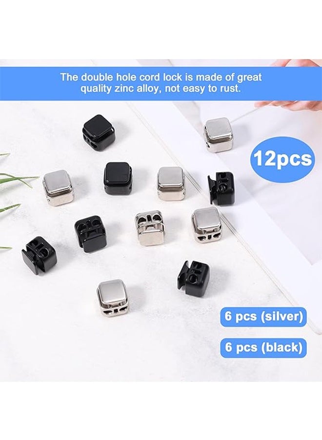 Ba Love 12 Pcs Heavy Duty Cord Locks, Double Hole Metal Press Cord Locks Pull Cord Stop Fastener Drawstring Stopper Draw String Clip for Lanyard Paracord Pants Shoelaces Drawstrings (Black, Silver) - Image 3