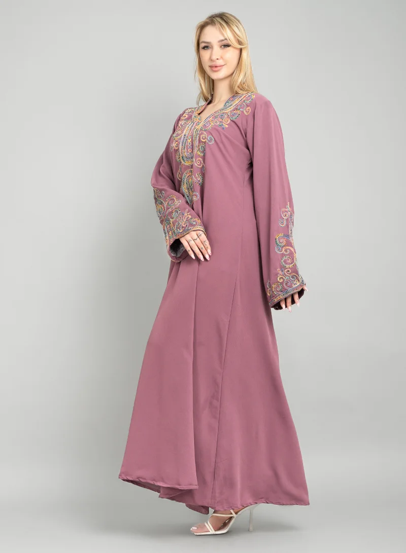 IKKXA Solid Embroidery Elegant Jalabiya XJ1003 Pink