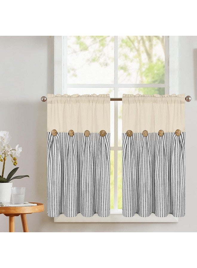 ASPMIZ Cotton Linen Farmhouse Kitchen Curtains, Grey Stripe Tier Curtains 36 Inch Lenth, Boho Rustic Button Short Rod Pocket Curtains for Small Window, Half Window Curtains for Kitchen Cafe, 2 Panels - Image 1