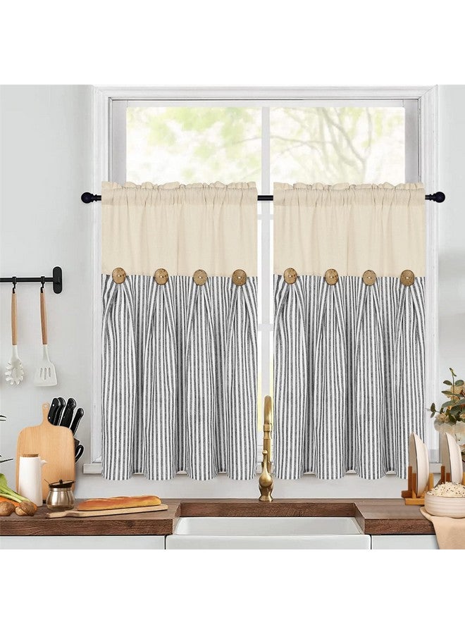 ASPMIZ Cotton Linen Farmhouse Kitchen Curtains, Grey Stripe Tier Curtains 36 Inch Lenth, Boho Rustic Button Short Rod Pocket Curtains for Small Window, Half Window Curtains for Kitchen Cafe, 2 Panels - Image 2