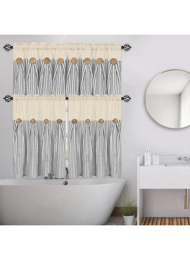 ASPMIZ Cotton Linen Farmhouse Kitchen Curtains, Grey Stripe Tier Curtains 36 Inch Lenth, Boho Rustic Button Short Rod Pocket Curtains for Small Window, Half Window Curtains for Kitchen Cafe, 2 Panels - Image 3