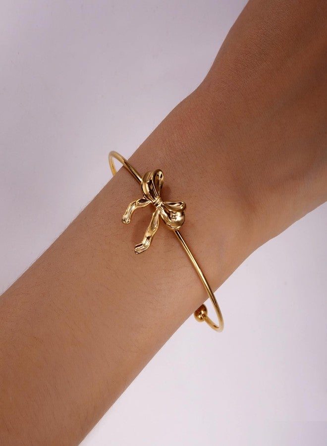 RINHOO Wide Gold Cuff Bracelets for Women Starfish Shell Bow Statement Open Bangle Stainless Steel Chunky Hammered Floral Bangle Bracelets Jewelry (Style 8-Bow) - Image 5