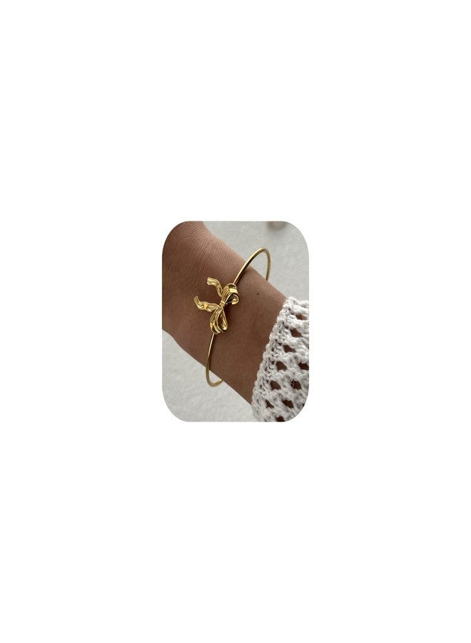 RINHOO Wide Gold Cuff Bracelets for Women Starfish Shell Bow Statement Open Bangle Stainless Steel Chunky Hammered Floral Bangle Bracelets Jewelry (Style 8-Bow) - Image 1
