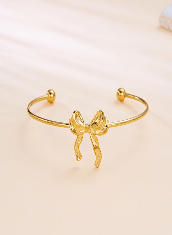RINHOO Wide Gold Cuff Bracelets for Women Starfish Shell Bow Statement Open Bangle Stainless Steel Chunky Hammered Floral Bangle Bracelets Jewelry (Style 8-Bow) - Image 3