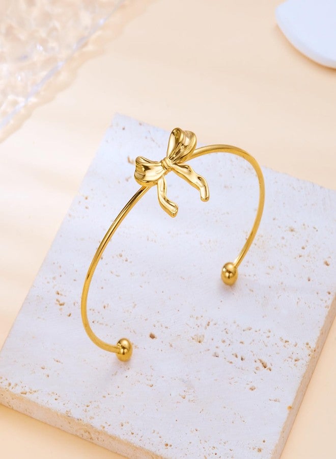 RINHOO Wide Gold Cuff Bracelets for Women Starfish Shell Bow Statement Open Bangle Stainless Steel Chunky Hammered Floral Bangle Bracelets Jewelry (Style 8-Bow) - Image 4