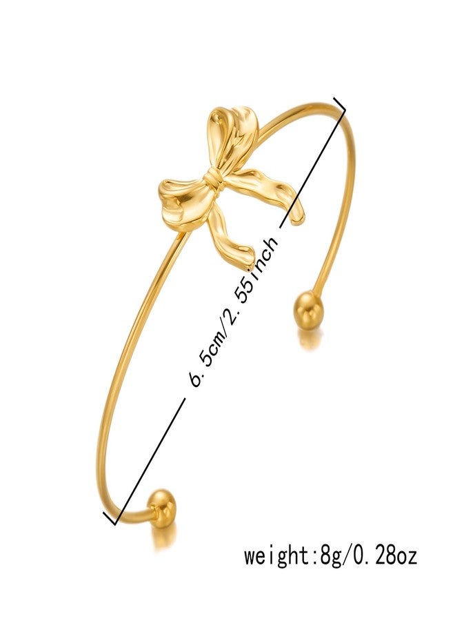RINHOO Wide Gold Cuff Bracelets for Women Starfish Shell Bow Statement Open Bangle Stainless Steel Chunky Hammered Floral Bangle Bracelets Jewelry (Style 8-Bow) - Image 2
