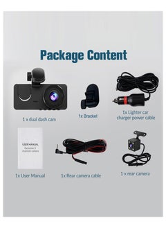ماركة غير محددة مسجل سيارة أمامي وخلفي 3 قنوات، مسجل سيارة 1080 Full HD بزاوية واسعة 170 درجة، شاشة IPS 2.0 بوصة، تسجيل فيديو لوقوف السيارات على مدار 24 ساعة  - Image 2