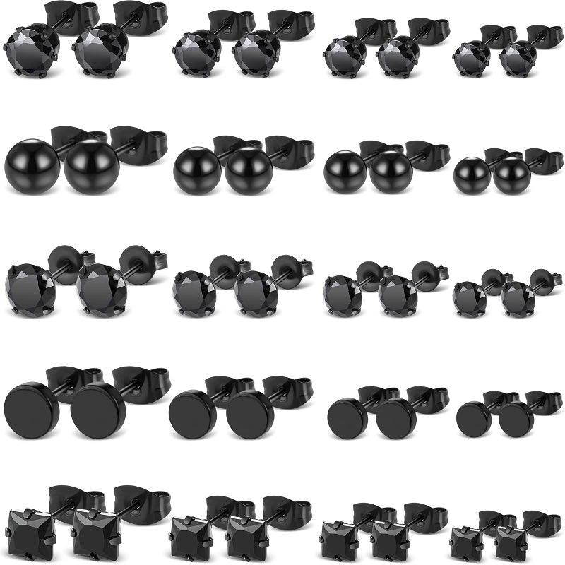 Sureio 20 Pairs Black Studs Earrings for Men Women Stainless Steel Black Earrings Square Round Cz Inlaid Ear Studs Punk Piercing Jewelry Diamond Fake Cartilage Set - Image 1