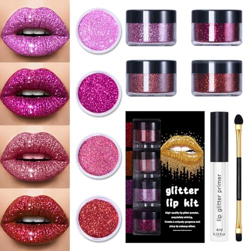 LOKFAR 4 Colors Glitter Lip Kit Shiny Diamond and Metallic Glitter Lipstick Gloss Pigment Powder Waterproof Long Lasting Shimmer Lip Makeup Set for Women Set A Warm Color - Image 2