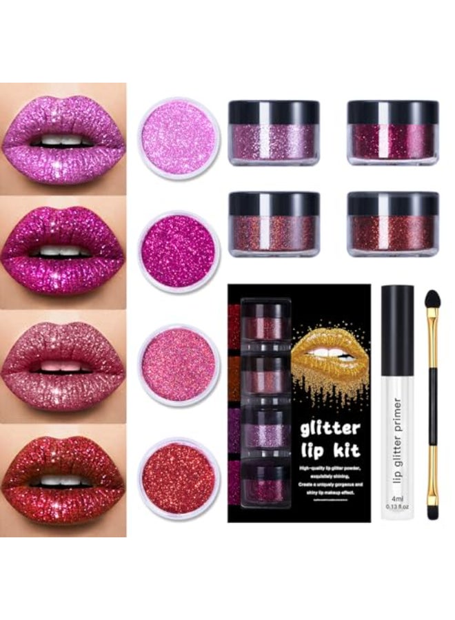 LOKFAR 4 Colors Glitter Lip Kit Shiny Diamond and Metallic Glitter Lipstick Gloss Pigment Powder Waterproof Long Lasting Shimmer Lip Makeup Set for Women Set A Warm Color - Image 1