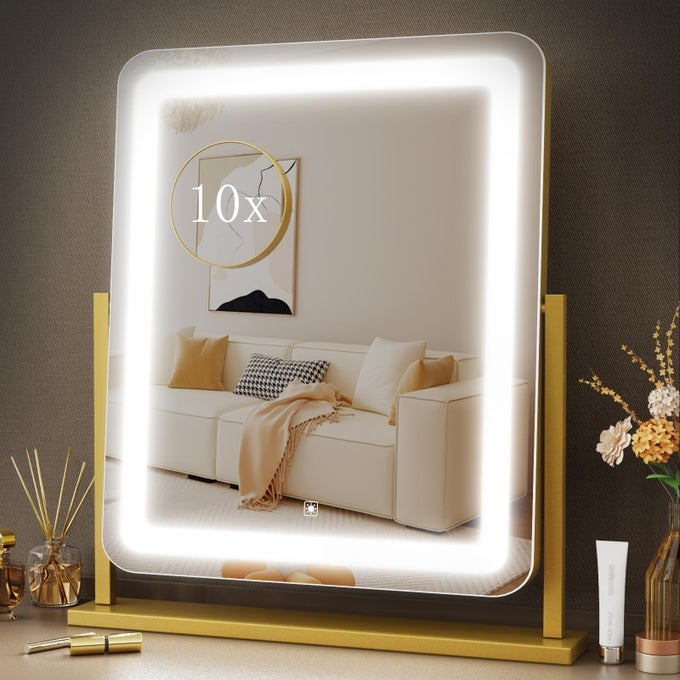 LIGHTED MAKEUP MIRROR HOLLYWOOD VANITY MIRROR WITH LIGHTS THREE COLOR LIGHTING MODES AND DETACHABLE 10X MAGNIFICATION MIRROR SMART TOUCH CONTROL 360ROTATION 152IN GOLD