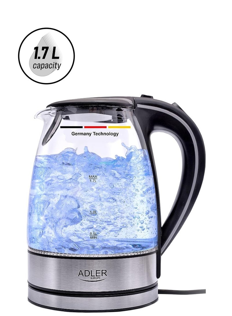 ADLER technology ADLER Glass Kettle 2200W 1.7 L BPA Free Blue LED Indicator - safety empty shut off - nano technology fillter - Image 1