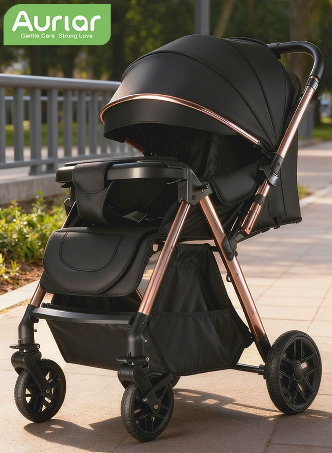 الأورلار عربة أطفال هاي فيو بدفع اتجاهين، محمولة وخفيفة الوزن، طي بزر واحد، عجلات ٣٦٠ درجة ممتصة للصدمات، مظلة UPF 50+، وضعيات جلوس متعددة، مناسبة لمقصورة الطائرة، من حديثي الولادة حتى ٦ سنوات، أسود - Image 1