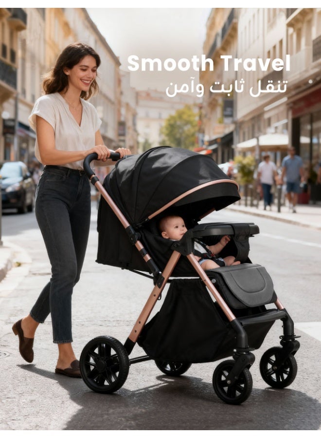 الأورلار عربة أطفال هاي فيو بدفع اتجاهين، محمولة وخفيفة الوزن، طي بزر واحد، عجلات ٣٦٠ درجة ممتصة للصدمات، مظلة UPF 50+، وضعيات جلوس متعددة، مناسبة لمقصورة الطائرة، من حديثي الولادة حتى ٦ سنوات، أسود - Image 3