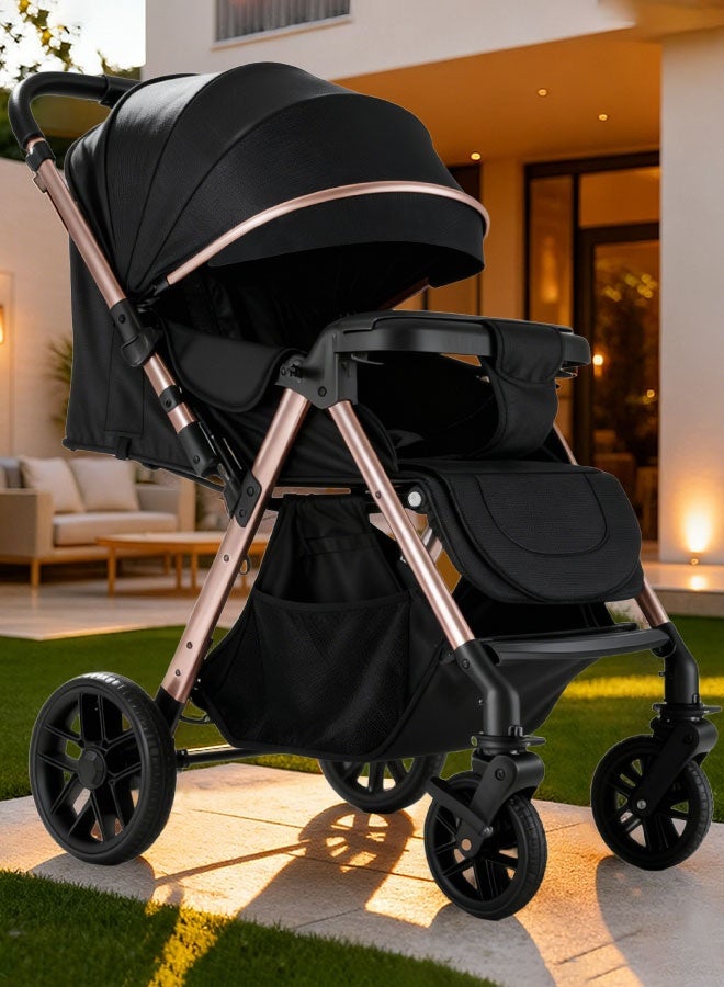 الأورلار عربة أطفال هاي فيو بدفع اتجاهين، محمولة وخفيفة الوزن، طي بزر واحد، عجلات ٣٦٠ درجة ممتصة للصدمات، مظلة UPF 50+، وضعيات جلوس متعددة، مناسبة لمقصورة الطائرة، من حديثي الولادة حتى ٦ سنوات، أسود - Image 1