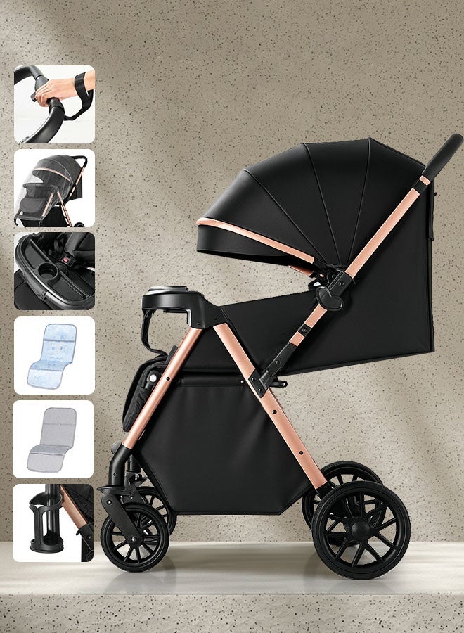 الأورلار عربة أطفال هاي فيو بدفع اتجاهين، محمولة وخفيفة الوزن، طي بزر واحد، عجلات ٣٦٠ درجة ممتصة للصدمات، مظلة UPF 50+، وضعيات جلوس متعددة، مناسبة لمقصورة الطائرة، من حديثي الولادة حتى ٦ سنوات، أسود - Image 2