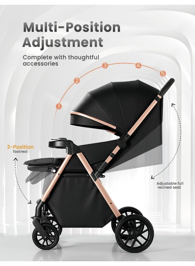الأورلار عربة أطفال هاي فيو بدفع اتجاهين، محمولة وخفيفة الوزن، طي بزر واحد، عجلات ٣٦٠ درجة ممتصة للصدمات، مظلة UPF 50+، وضعيات جلوس متعددة، مناسبة لمقصورة الطائرة، من حديثي الولادة حتى ٦ سنوات، أسود - Image 4