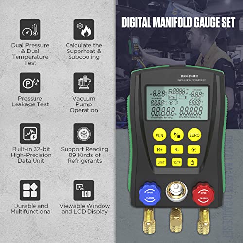 CMTOOL عدادات HVAC الرقمية من CMTOOL مع 3 خراطيم، 89 نوع من المبردات، مجموعة عدادات مانيفولد الرقمية، اختبار الضغط ودرجة الحرارة، أدوات HVAC مع 2 مشبك درجة حرارة، لـ R134A 1234YF R22 R12 R404A R410A، إلخ - Image 2