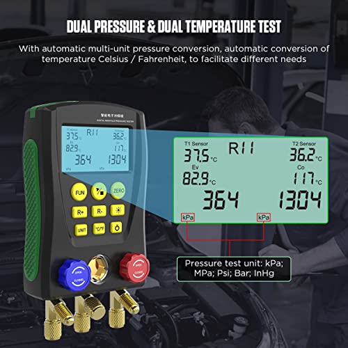 CMTOOL عدادات HVAC الرقمية من CMTOOL مع 3 خراطيم، 89 نوع من المبردات، مجموعة عدادات مانيفولد الرقمية، اختبار الضغط ودرجة الحرارة، أدوات HVAC مع 2 مشبك درجة حرارة، لـ R134A 1234YF R22 R12 R404A R410A، إلخ - Image 3