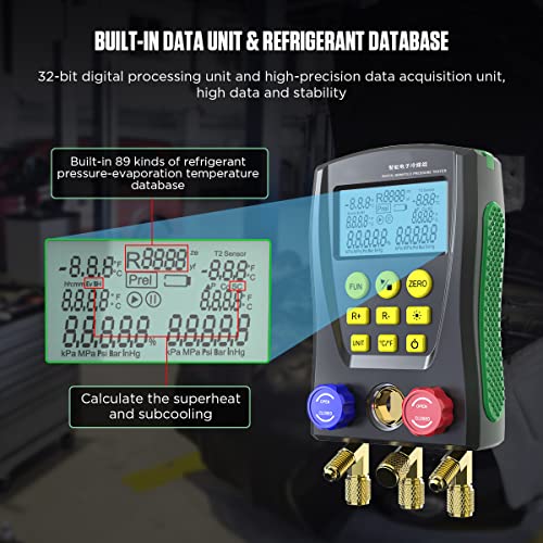 CMTOOL عدادات HVAC الرقمية من CMTOOL مع 3 خراطيم، 89 نوع من المبردات، مجموعة عدادات مانيفولد الرقمية، اختبار الضغط ودرجة الحرارة، أدوات HVAC مع 2 مشبك درجة حرارة، لـ R134A 1234YF R22 R12 R404A R410A، إلخ - Image 4