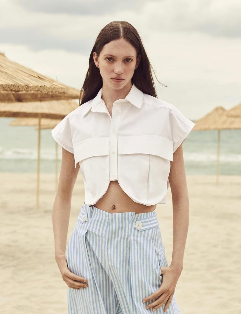 Perbai Womens Cropped Button Down Shirt Summer Collared Sleeveless Loose Top with Pockets(White-S) - Image 3