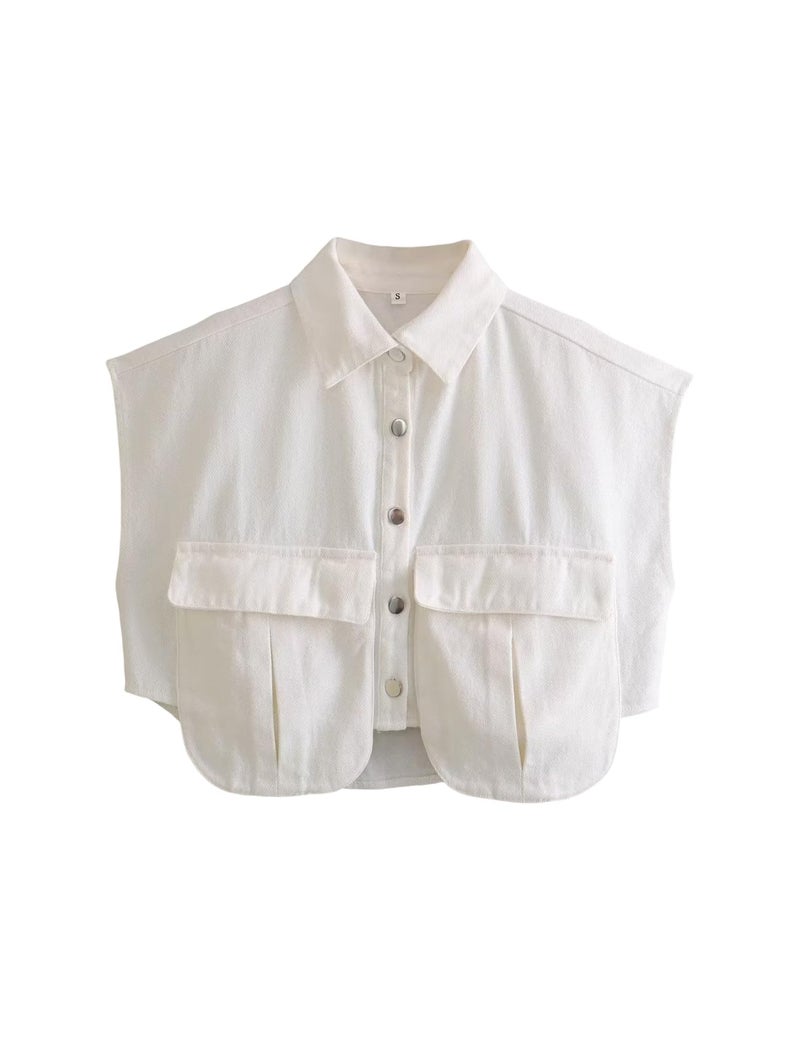 Perbai Womens Cropped Button Down Shirt Summer Collared Sleeveless Loose Top with Pockets(White-S) - Image 1