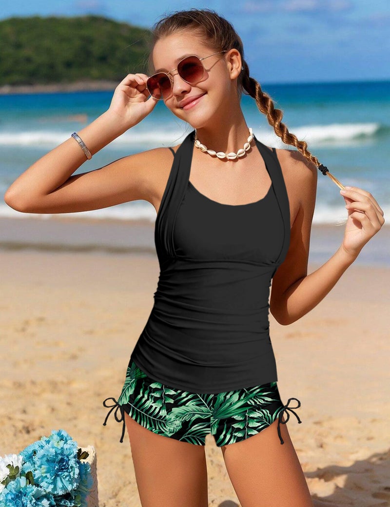 TALLWH Girls Bathing Suits Size 10-12 Trendy Halterneck Adjustable Straps Ruched Teen Swimsuit with Drawstring Shorts Tankini for Girls Two Piece Swimsuits - Image 2