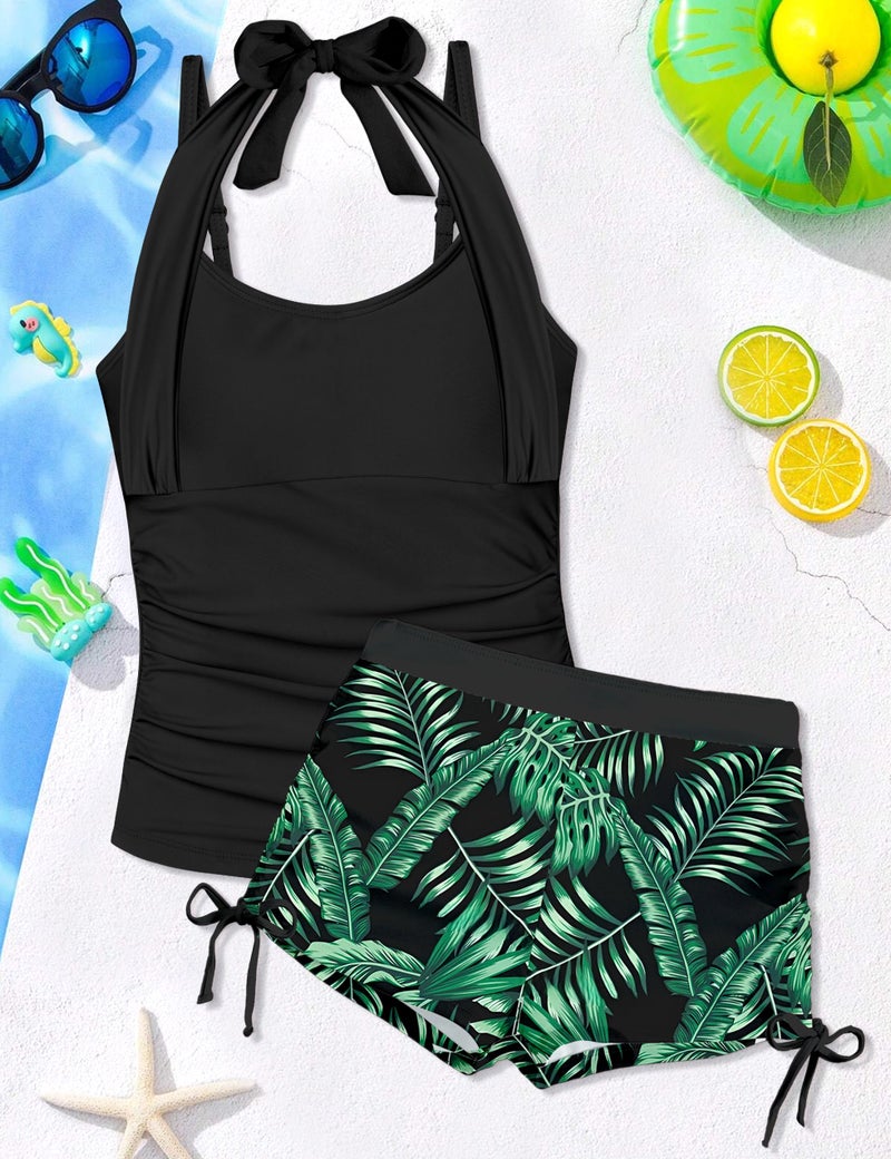 TALLWH Girls Bathing Suits Size 10-12 Trendy Halterneck Adjustable Straps Ruched Teen Swimsuit with Drawstring Shorts Tankini for Girls Two Piece Swimsuits - Image 5