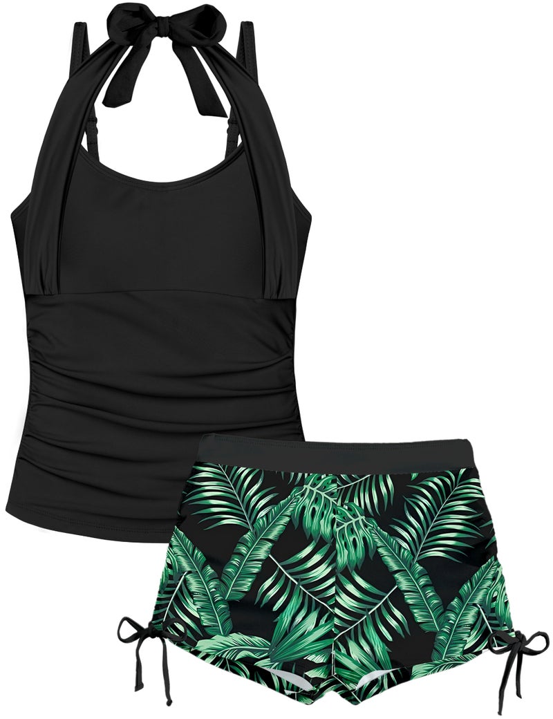 TALLWH Girls Bathing Suits Size 10-12 Trendy Halterneck Adjustable Straps Ruched Teen Swimsuit with Drawstring Shorts Tankini for Girls Two Piece Swimsuits - Image 1