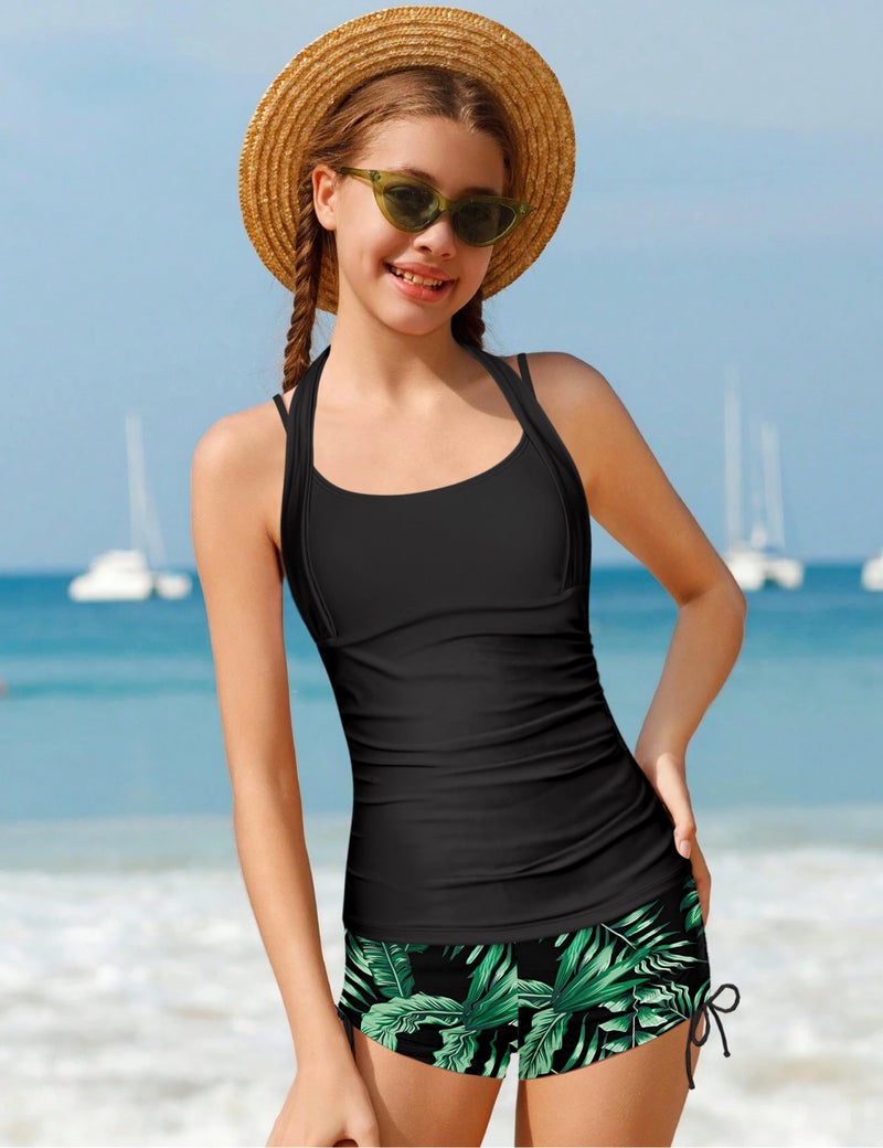 TALLWH Girls Bathing Suits Size 10-12 Trendy Halterneck Adjustable Straps Ruched Teen Swimsuit with Drawstring Shorts Tankini for Girls Two Piece Swimsuits - Image 4