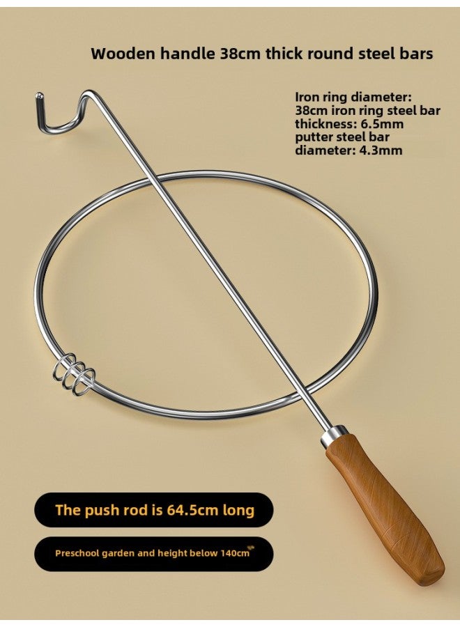 Iron Ring Rolling Iron Ring Children Rolling Iron Ring Push Ring Primary School Students Rolling Iron Ring Old-fashioned Push Iron Ring Adult Nostalgic Toy-Specifications:Wooden Handle + 38cm Thick Round Steel Bar  - Image 1
