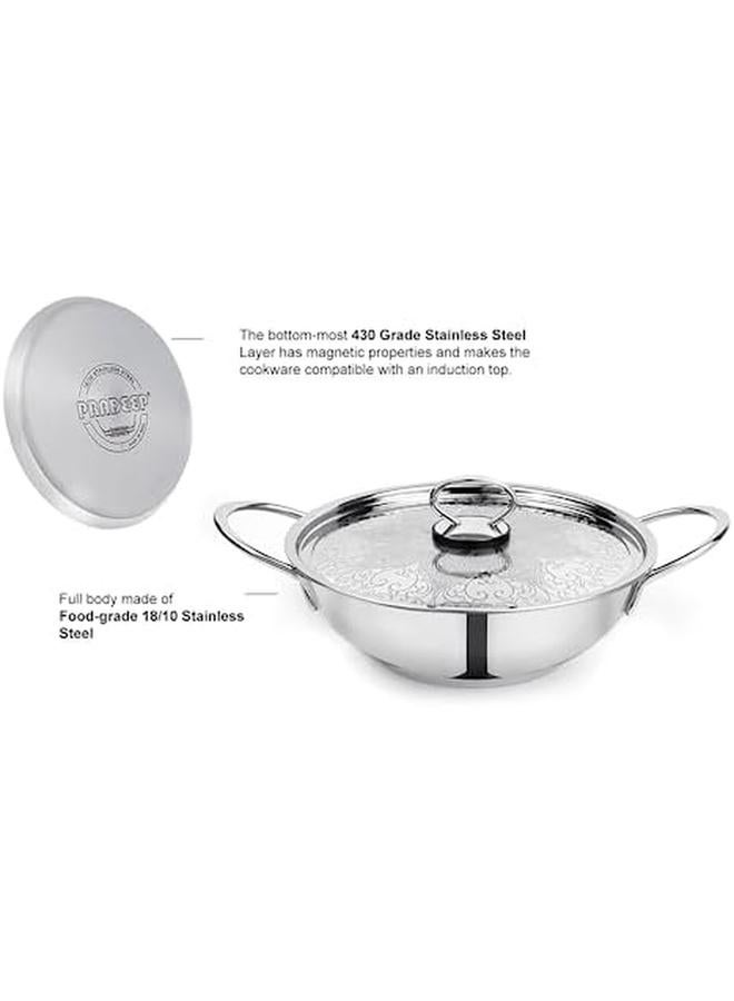 Pradeep Stainless Steel Wok Kadai With Ss Design Lid 26 Cm Diameter 8.0 Cm Height Premium Stir Fry Pan - Image 2