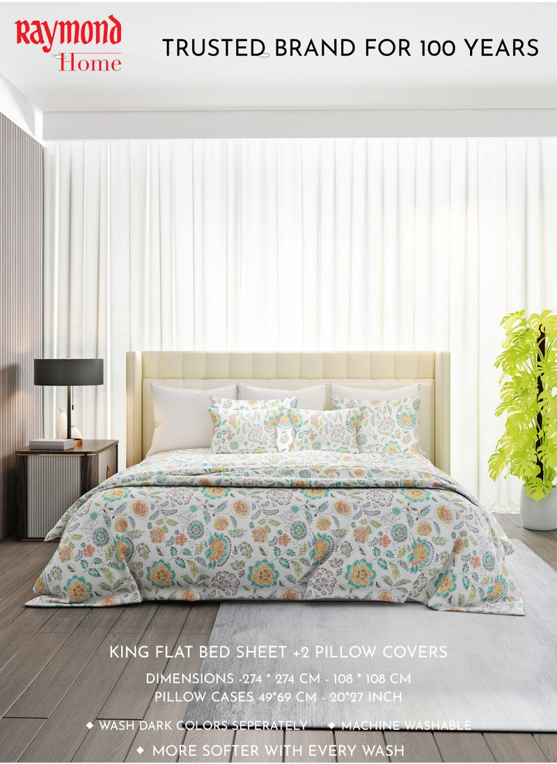 Raymond Raymond Home King Flat Sheet Bedsheet 200 Thread Count Luxirious 100% Long Staple Cotton Bedding Printed Sateen Percale Bed Linen with 2 Pillow Case - Blue (274 * 274 CM)  - Image 3