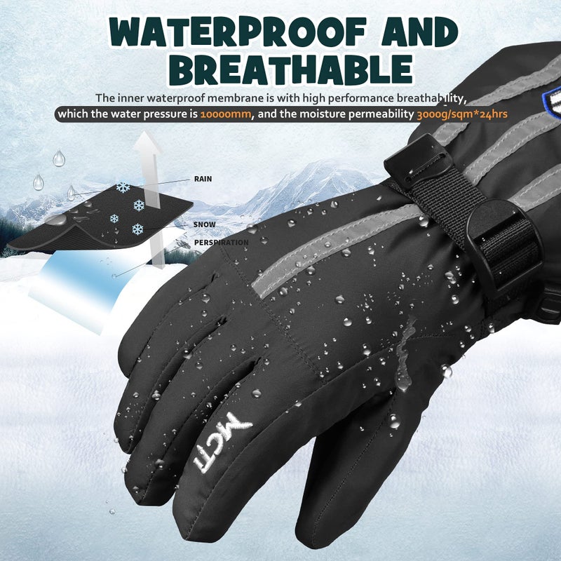 MCTi Kids Gloves Waterproof Winter Warm Snow Ski Gloves Long Cuff Fleece Lined with Reflective Strap - Image 2