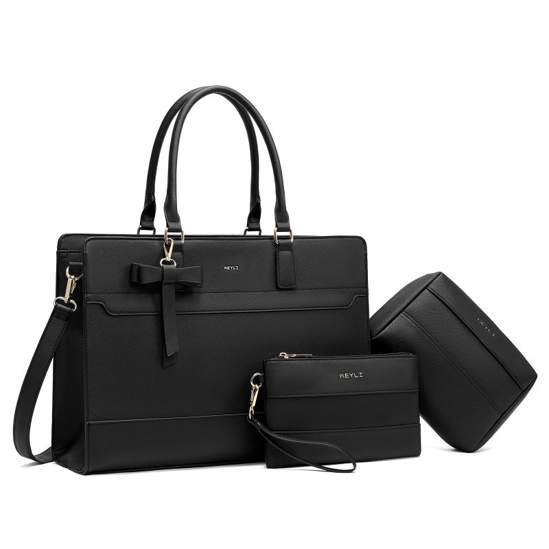 Keyli 3pc Sets Laptop Bag Work Bags for Women156 Inch Laptop Tote Bag Purses Waterproof Vegan Leather Computer Briefcase Professional Business Shoulder Handbags for Teacher Office Travel Black - Image 2