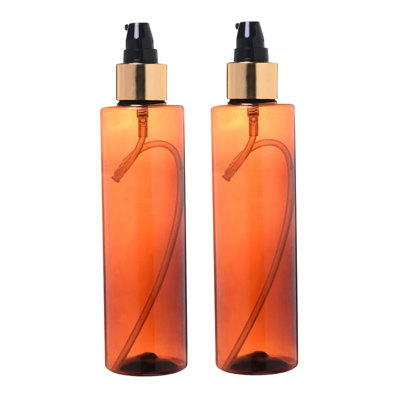 Devinez Round Amber Bottle 200ml Pack of 2 with Golden Black Lotion Pump Serum Essential Oils Blends DIY Skin Care Cosmetics Multipurpose Bottle for Home and Travel Purpose - Image 1