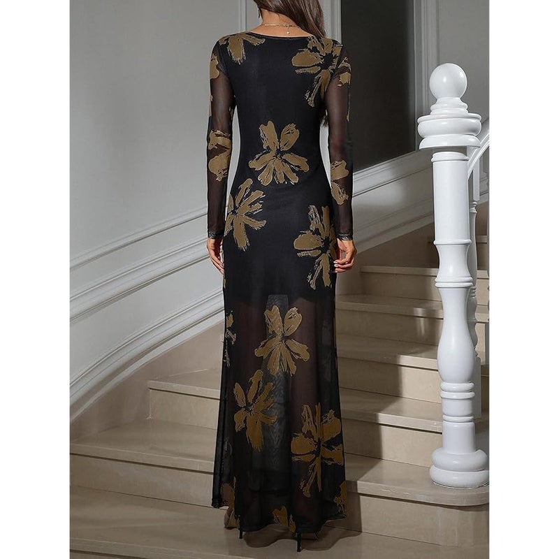 Verdusa Women's Floral Mesh Maxi Dresses Long Sleeve Elegant Formal Fall Wedding Guest Dress Cocktail Slimming Dress - Image 3